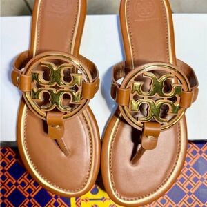 Tory Burch Metal Miller Sandals Walnut and Gold Size 7